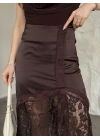 Saten dantel garnili uzun etek kahve
