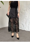 Saten dantel garnili uzun etek siyah