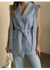 Sıfır kol belden bağlamalı kumaş takım bebek mavisi