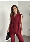 Sıfır kol belden bağlamalı kumaş takım bordo