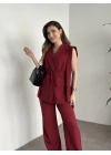 Sıfır kol belden bağlamalı kumaş takım bordo