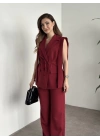 Sıfır kol belden bağlamalı kumaş takım bordo