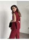 Sıfır kol belden bağlamalı kumaş takım bordo