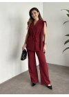 Sıfır kol belden bağlamalı kumaş takım bordo