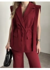 Sıfır kol belden bağlamalı kumaş takım bordo