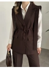 Sıfır kol belden bağlamalı kumaş takım kahve