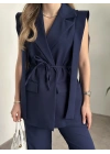 Sıfır kol belden bağlamalı kumaş takım lacivert