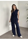 Sıfır kol belden bağlamalı kumaş takım lacivert