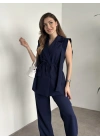 Sıfır kol belden bağlamalı kumaş takım lacivert