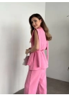Sıfır kol belden bağlamalı kumaş takım pembe