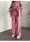 Sıfır kol belden bağlamalı kumaş takım pembe