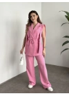 Sıfır kol belden bağlamalı kumaş takım pembe