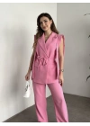 Sıfır kol belden bağlamalı kumaş takım pembe