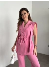 Sıfır kol belden bağlamalı kumaş takım pembe