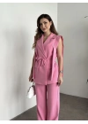 Sıfır kol belden bağlamalı kumaş takım pembe