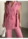 Sıfır kol belden bağlamalı kumaş takım pembe