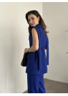 Sıfır kol belden bağlamalı kumaş takım saks mavisi