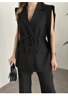 Sıfır kol belden bağlamalı kumaş takım siyah