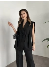 Sıfır kol belden bağlamalı kumaş takım siyah