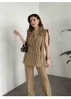 Sıfır kol belden bağlamalı kumaş takım yeşil