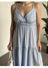 Sırt dekolteli askılı keten elbise bebek mavisi