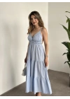 Sırt dekolteli askılı keten elbise bebek mavisi