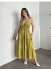 Sırt dekolteli askılı keten elbise yağ yeşili