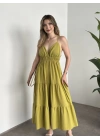 Sırt dekolteli askılı keten elbise yağ yeşili