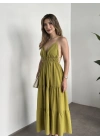 Sırt dekolteli askılı keten elbise yağ yeşili