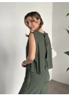 Sırtı bağlama dekolte detaylı tensel kumaş takım haki
