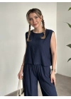 Sırtı bağlama dekolte detaylı tensel kumaş takım lacivert