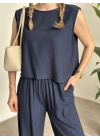 Sırtı bağlama dekolte detaylı tensel kumaş takım lacivert