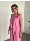 Sırtı bağlama dekolte detaylı tensel kumaş takım pembe