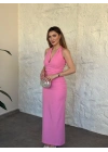 Sırtı dekolteli drapeli elbise pembe