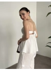 Straplez arkadan bağlama detaylı keten takım beyaz