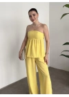 Straplez arkadan bağlama detaylı keten takım sarı