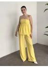 Straplez arkadan bağlama detaylı keten takım sarı