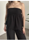 Straplez arkadan bağlama detaylı keten takım siyah