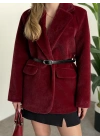 Tay tüyü astarlı kemerli ceket bordo