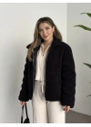 Teddy biye detaylı fermuarlı mont siyah