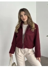 Teddy fermuarlı astarlı kısa ceket bordo