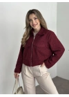 Teddy fermuarlı astarlı kısa ceket bordo