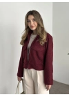 Teddy fermuarlı astarlı kısa ceket bordo