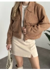 Teddy fermuarlı astarlı kısa ceket camel