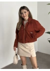 Teddy fermuarlı astarlı kısa ceket kiremit