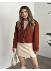 Teddy fermuarlı astarlı kısa ceket kiremit
