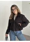 Teddy fermuarlı astarlı kısa ceket siyah