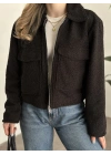 Teddy fermuarlı astarlı kısa ceket siyah