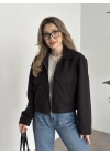 Teddy fermuarlı astarlı kısa ceket siyah