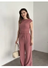Tek omuz detay bürümcük kumaş takım pembe